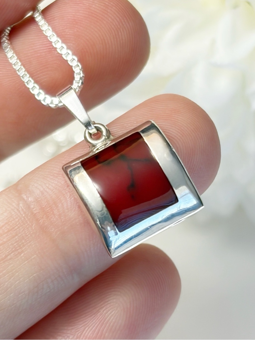 Vintage Sterling Silver 925 Red Turquoise Pendant Necklace Modernist Southwest